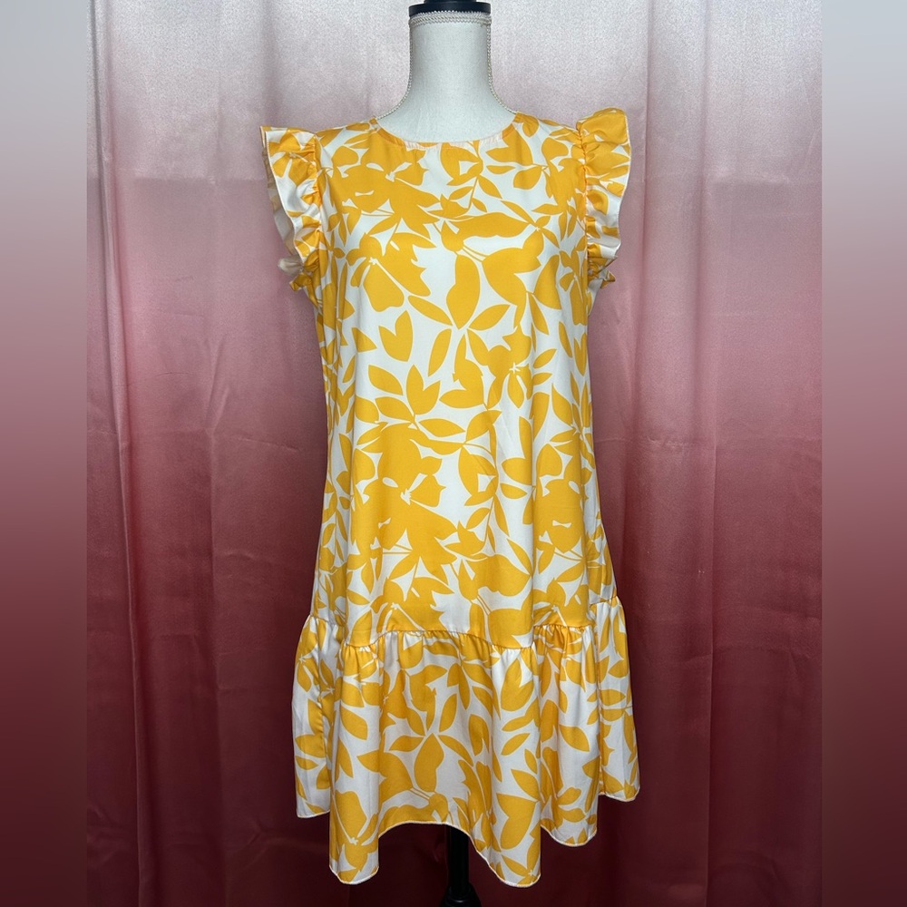 Yellow Floral Ruffle Sleeve Dress - Large (8-10)